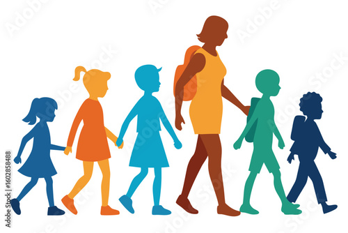 Diverse Group of Children Walking to School with Mother