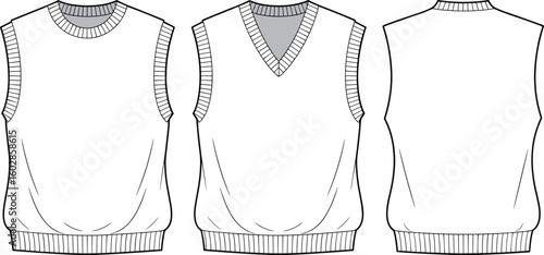 Sleeveless knit vest flat sketch, V-neck and crewneck vest design, front and back CAD drawing, vector fashion technical illustration