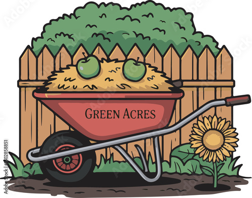 Green Acres Wheelbarrow Illustration with Apples and Sunflower on Transparent Backdrop