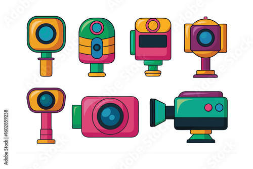 Collection of retro styled vintage cameras and camcorders with colorful and playful designs