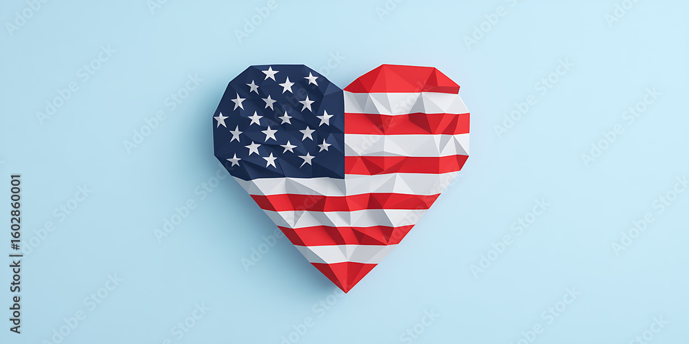 Fototapeta premium Heart-shaped symbol with stars and stripes, a geometric design on a blue background. A symbol of national pride and love for the country.