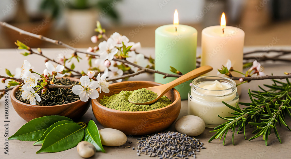 Natural Spa Still Life with Candles and Herbal Ingredients Natural Spa Still Life with Candles and Herbal Ingredients