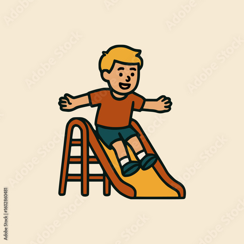 Smiling child enjoying slide activity on playground, vector cartoon character with summer outfit and open arms
