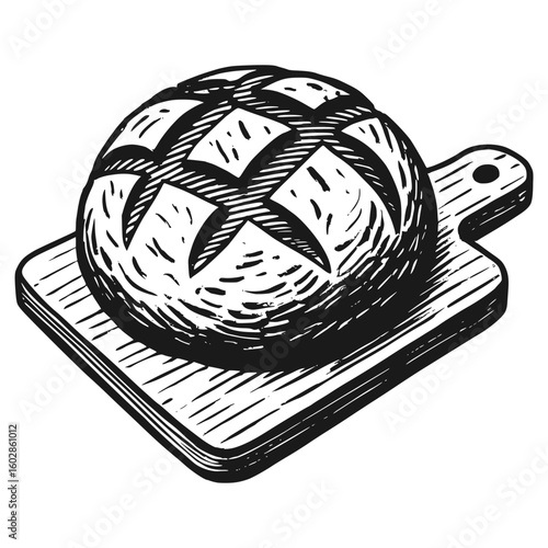 Artisan sourdough bread loaf on a wooden cutting board, a rustic vintage hand-drawn sketch style vector illustration isolated on a transparent background
