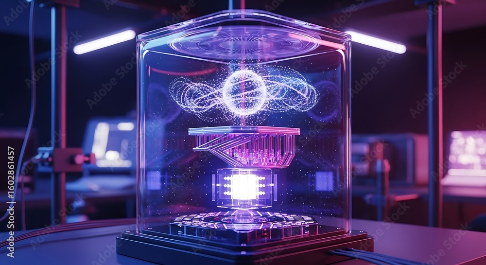 Obraz premium Displaying Futuristic Technology in Glass Case with Light Effects