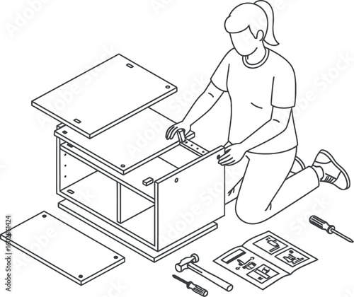 Woman Assembling Flat Pack Furniture DIY Isometric Line Art Illustration