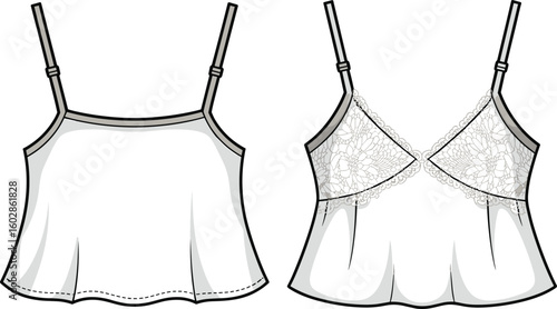 Women’s lace camisole top vector, adjustable straps, sheer lace cups, loose fit, fashion technical drawing, apparel CAD sketch, flat vector illustration