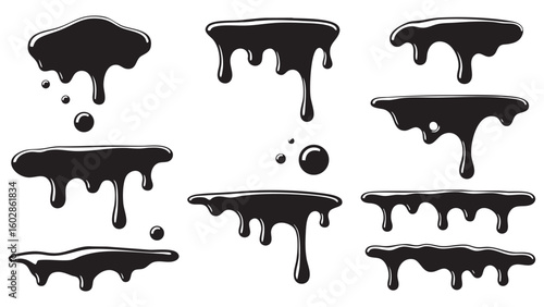 Black Drip Paint and Liquid Stain Vector Set

