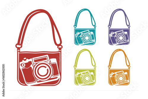 Collection of stylized handbags featuring vintage cameras in vibrant red teal purple green and orange hues