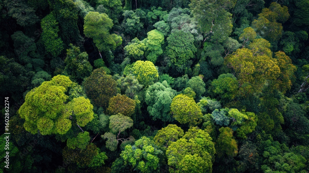 Naklejka premium green rainforest canopy from above, nature wallpaper