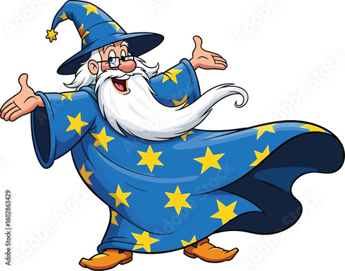Cartoon wizard in blue robe with stars, magical bearded character, fantasy illustration, happy magician casting spell, fun vector design