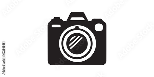 A stylized black and white camera icon with a prominent lens and simple design elements on white