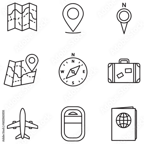 Set of simple travel and tourism icons featuring compass airplane map and passport