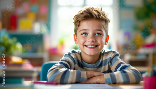 Smiling elementary school child at desk, bright classroom with colorful decor.
