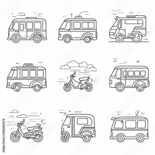 A conceptual collection of line art icons featuring various public transportation vehicles like buses, scooters, and auto-rickshaws.
