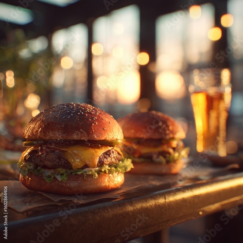Two juicy burgers on a table with a drink