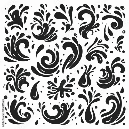 Set of Black Silhouette Icons Representing Dynamic Water Splashes and Droplets in Various Fluid Shapes