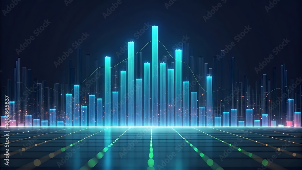 Fototapeta premium Glowing blue vertical bars and lines on dark background abstract analytics