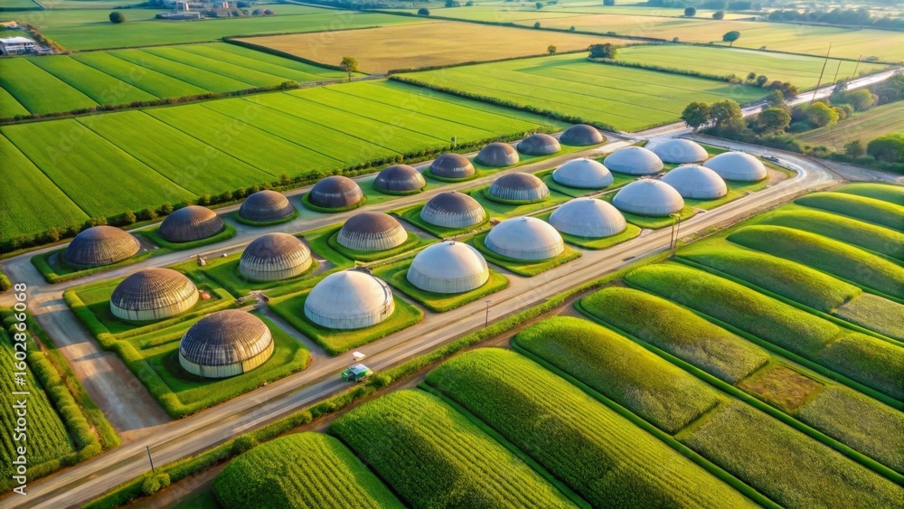 Fototapeta premium Aerial View of Sustainable Agricultural Biogas Digesters in Lush Green Fields