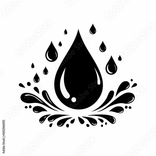 Vector illustration of a black liquid drop icon with splashing droplets isolated on a white background.
