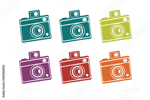Camera Icon Collection: An eye-level view of six colorful camera icons. Each icon is a representation of vintage photographic equipment. A celebration of visual and artistic composition.