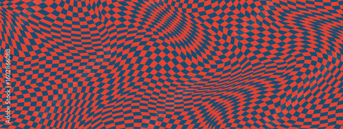 Y2K psychedelic checkerboard grid with wavy abstract patterns and 90s rave aesthetic. Trippy distorted squares in blue red for streetwear or swimwear designs. Futuristic 3D cyber illusions.
