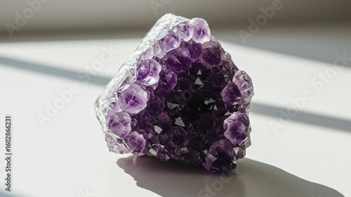 Shiny amethyst crystal cluster on white background, ultra-realistic and detailed, ideal for luxury, wellness, or gemstone-themed visuals.