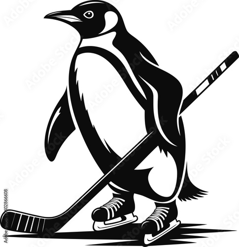 Penguin Holding Hockey Stick Silhouette Vector, Transparent Background.