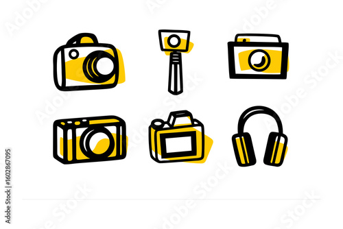 A charming hand drawn collection of photography and audio equipment icons featuring cameras and headphones with a yellow and black color scheme