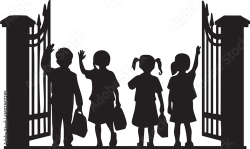 Children silhouettes waving goodbye at school gate opening to new adventures