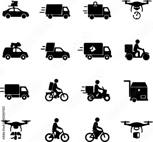 Diverse delivery methods including cars trucks drones scooters and bicycles illustrated