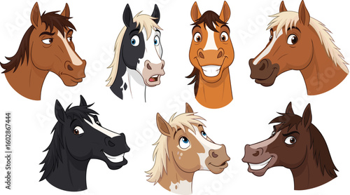 Funny cartoon horse heads collection with expressive faces, vector illustration, smiling animals, colorful design, cute character set for kids