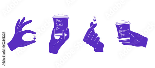 Set of hands with coffee cups. Hand gestures with hot drink and coffee to go. Minimalist art for coffee shop and cafe. Hand drawn illustration.