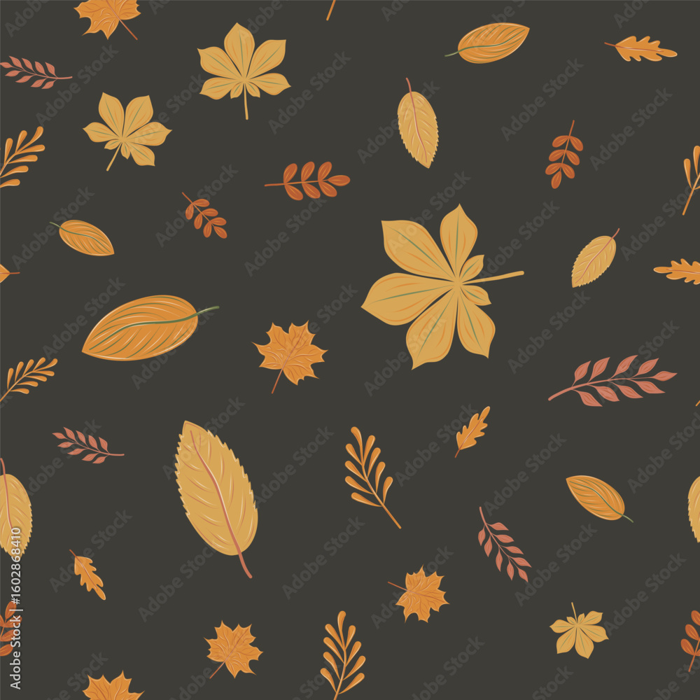 Obraz premium Seamless autumn harvest pattern with yellow anf orange fall leaves on the deep grey background. Vector oak leaf, rowan, maple, aspen, branch.