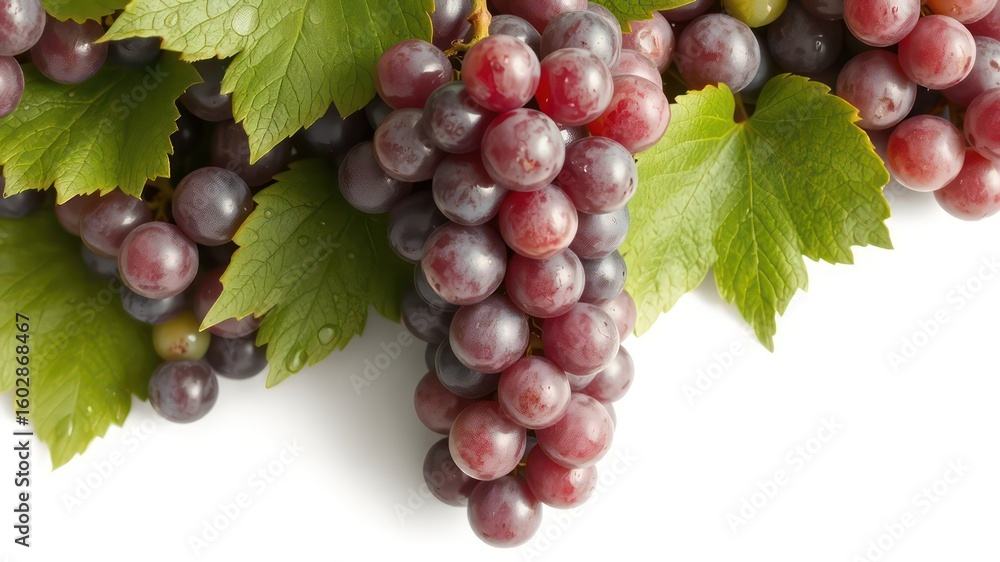 Fototapeta premium Fresh bunch of dark red grapes with green leaves isolated against white background, displaying natural beauty and healthy fruit