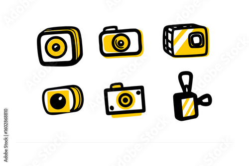 A charming collection of six hand drawn colorful cartoon cameras in various styles and orientations on a white background