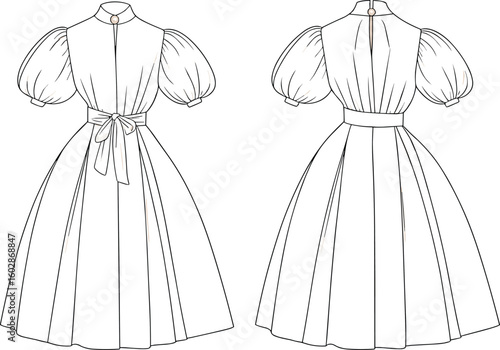Elegant puff sleeve midi dress flat sketch, tied bow belt, high neck, technical fashion illustration for design and pattern making