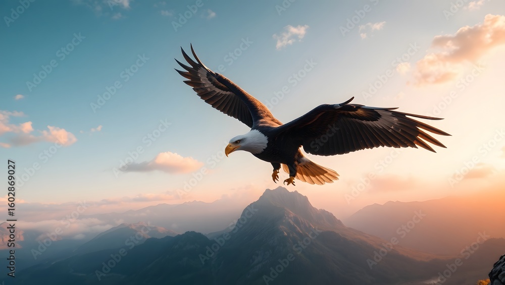 Fototapeta premium A close-up of a bald eagle mid-flight with wings spread wide