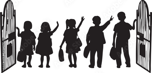 Children silhouetted against an open gate waving goodbye or hello