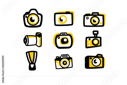 A charming collection of nine hand drawn camera icons in various styles and perspectives rendered with a playful sketchy aesthetic