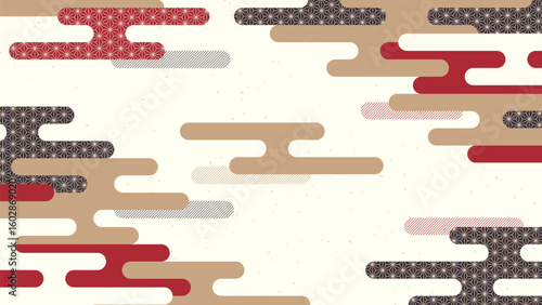 16:9の和モダンな背景素材：日本の伝統的な文様の霞のある風景イラスト