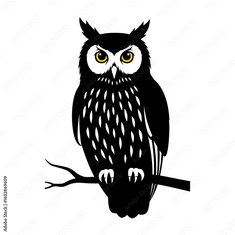 Naklejka premium Cute cartoon owl sitting on a tree branch at night in vector illustration style