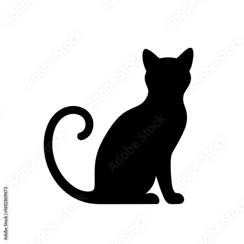 Black and white cartoon cat sitting on white background illustration