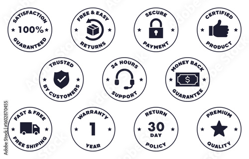 Monochrome Guarantee Badge Set with Secure Payment Return Policy and Support Icons