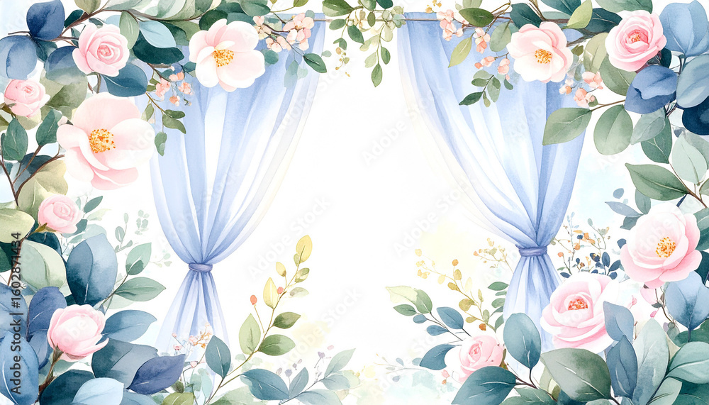 Obraz premium 水彩画風の美しい花々とブルーのカーテンが織りなす上品で優雅なウェディング装飾のフレーム