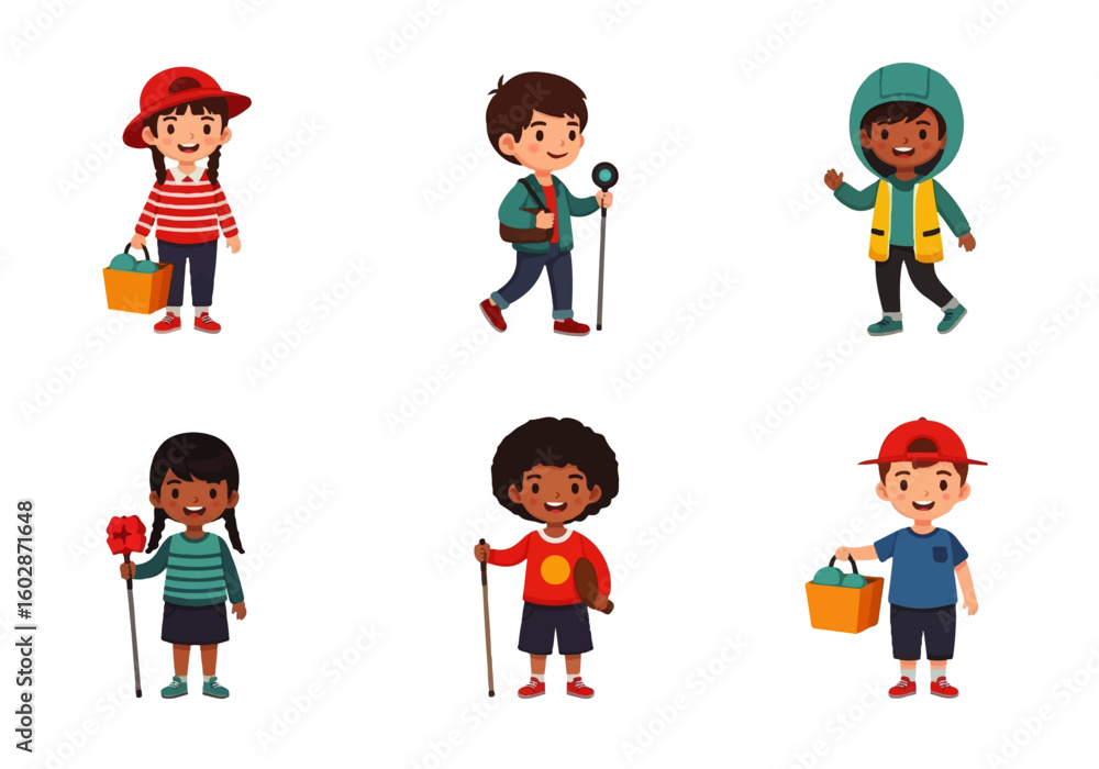 Six cartoon children in various outfits are depicted holding items like lunchboxes and walking sticks. Six cartoon children in various outfits are depicted holding items like lunchboxes and walking sticks.