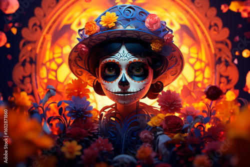 Catrina with a blue hat surrounded by multicolored flowers, Mexican Day of the Dead celebration and cultural symbol, illustration