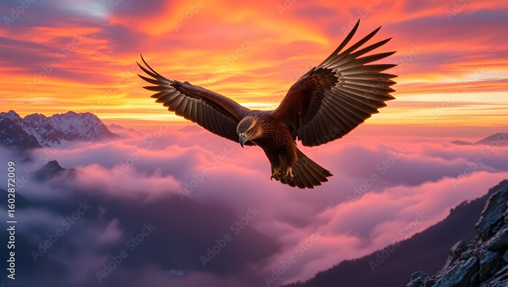 Fototapeta premium A close-up of a bald eagle mid-flight with wings spread wide