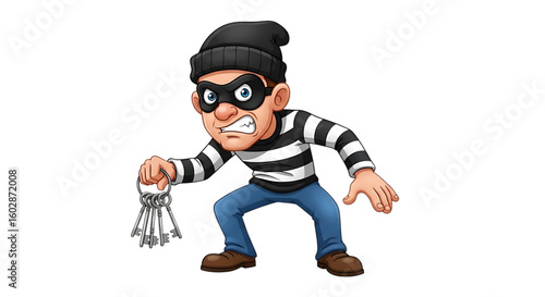 Cartoon thief character holding a bunch of keys isolated on transparent background