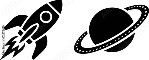 Black silhouette of a rocket ship launching past a ringed planet space